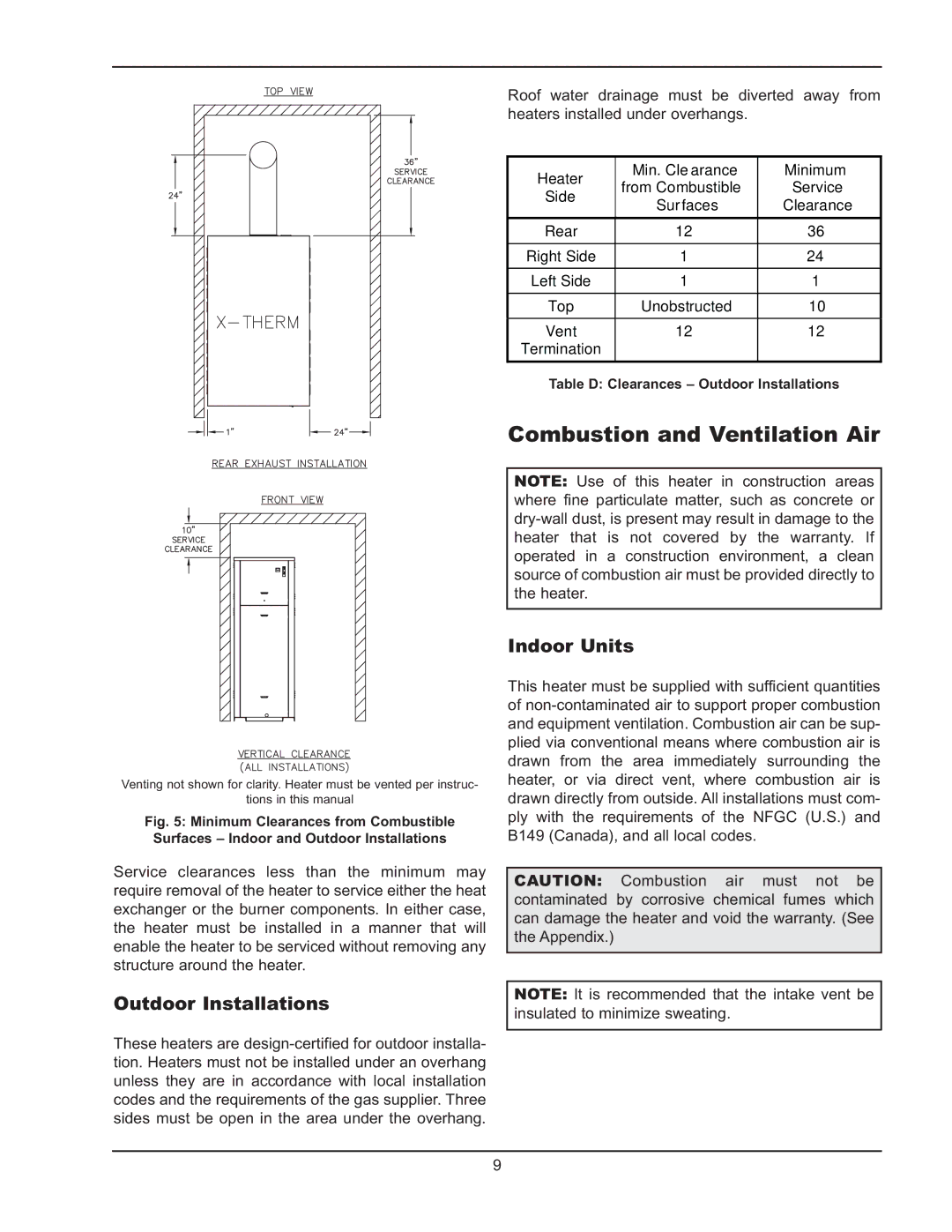 Raypak 1005 operating instructions Combustion and Ventilation Air, Outdoor Installations, Indoor Units, Surfaces 