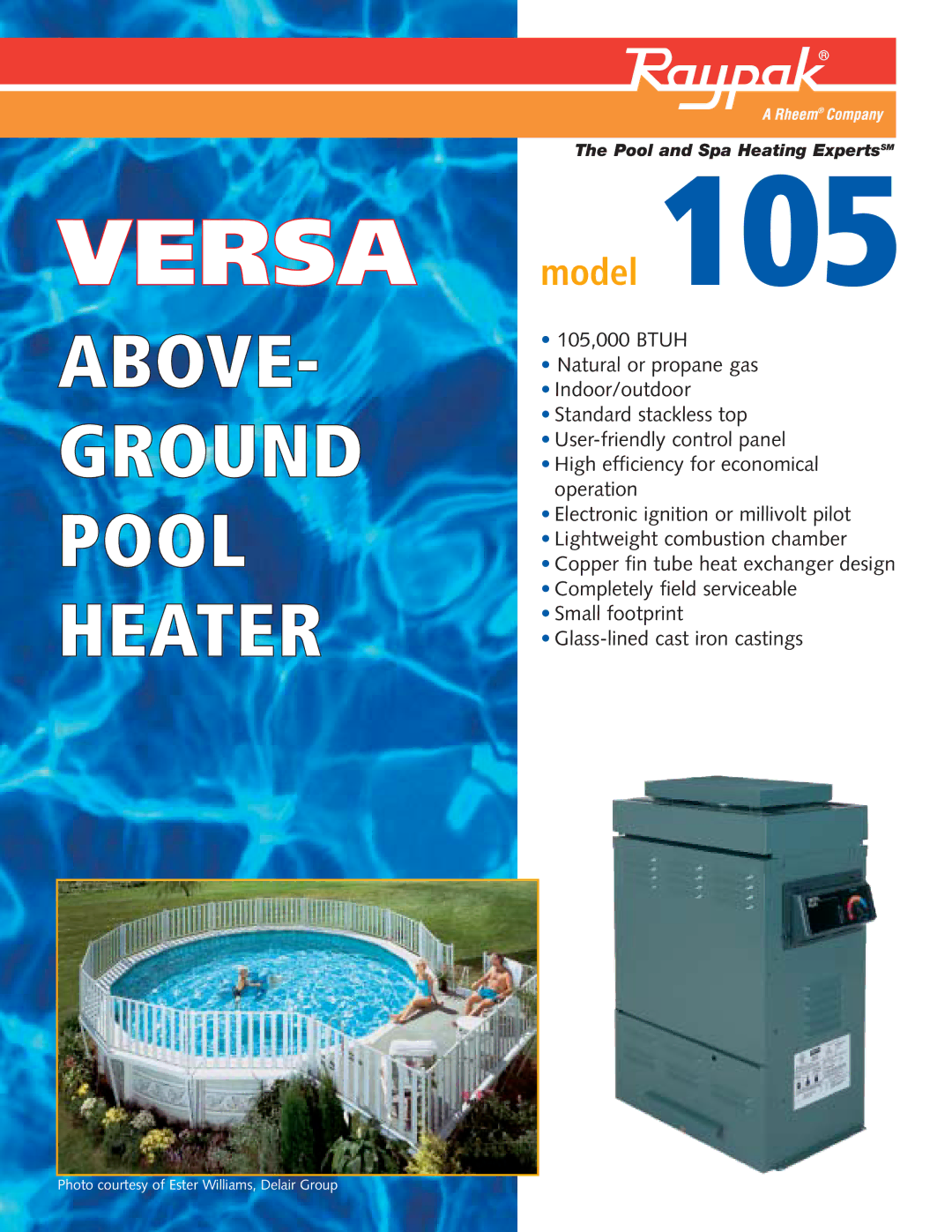 Raypak 105 manual Versa, ABOVE- Ground Pool Heater, Model 