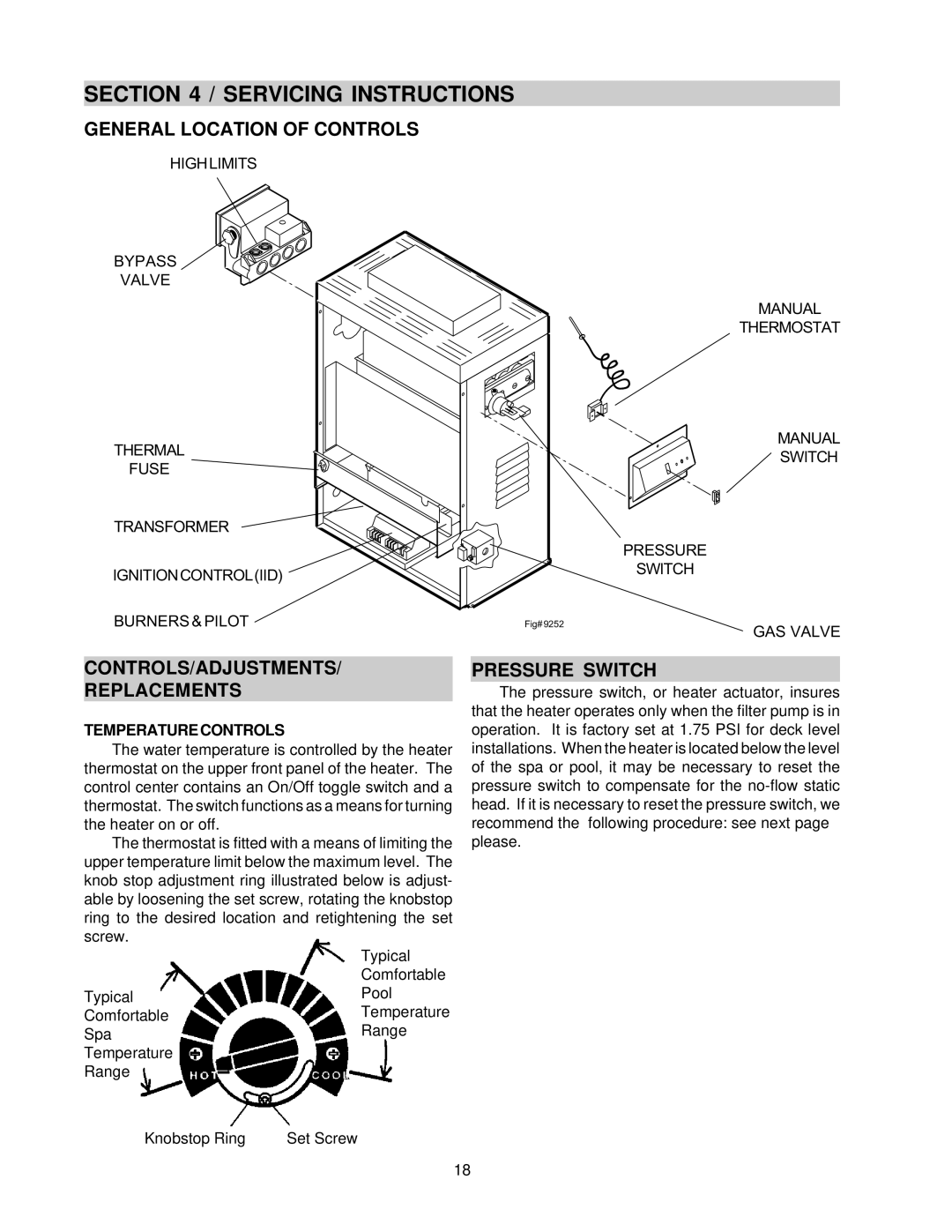 Raypak 105B General Location of Controls, CONTROLS/ADJUSTMENTS Replacements, Pressure Switch, Temperature Controls 