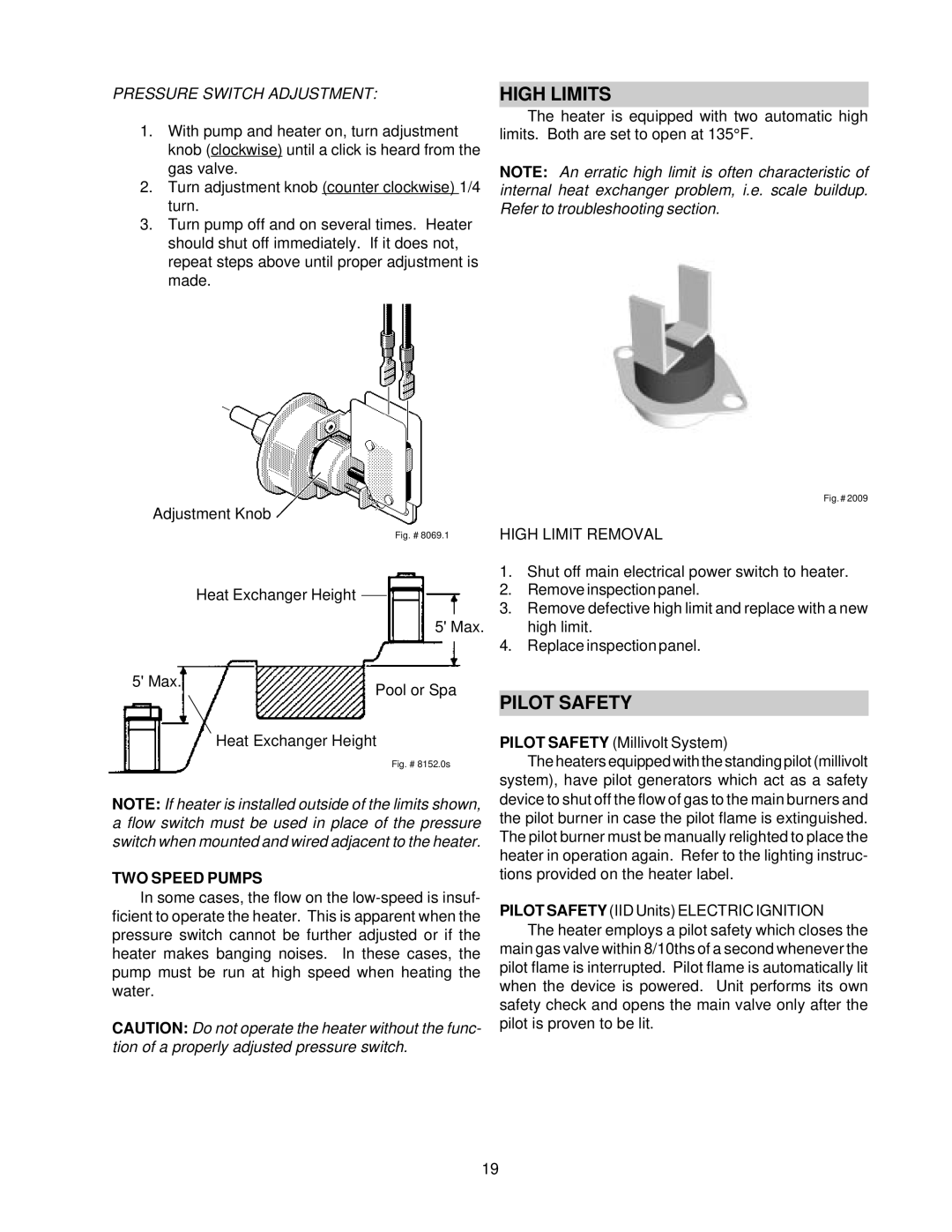 Raypak 105B installation instructions High Limits, Pilot Safety, High Limit Removal, TWO Speed Pumps 