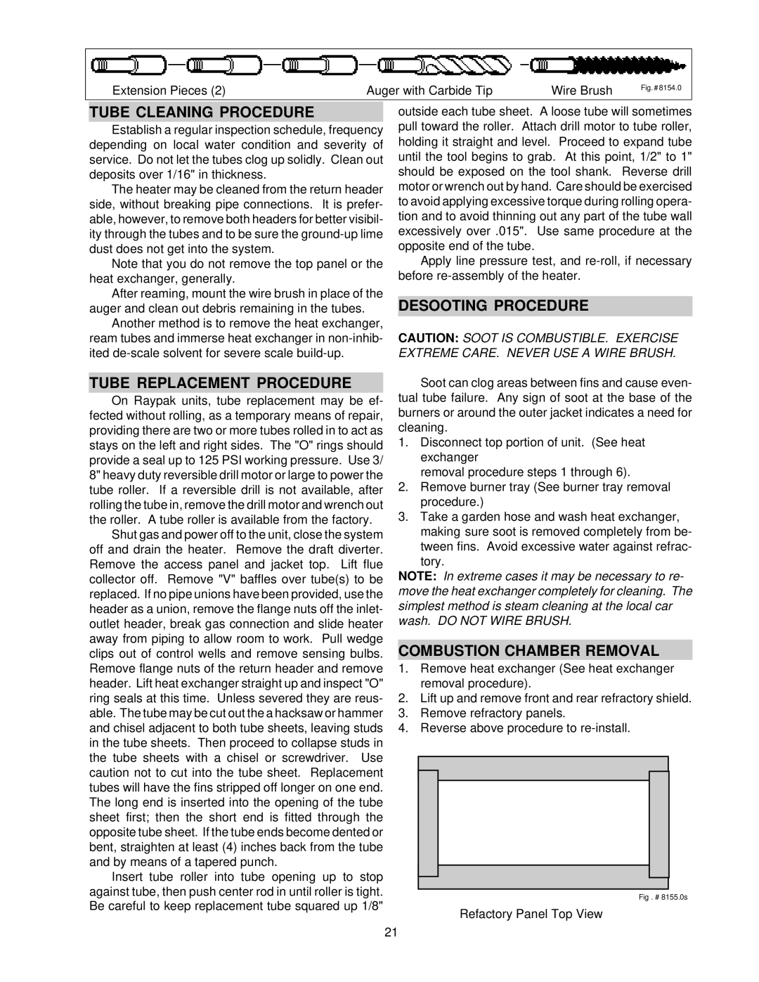 Raypak 105B Tube Cleaning Procedure, Tube Replacement Procedure, Desooting Procedure, Combustion Chamber Removal 