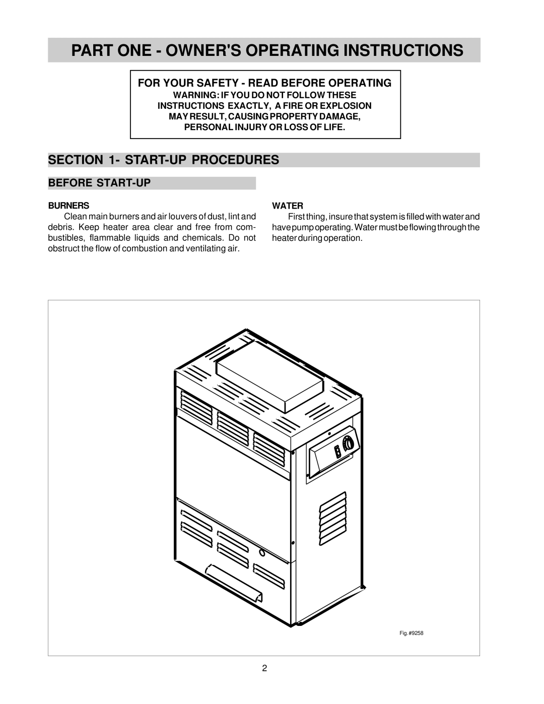 Raypak 105B installation instructions For Your Safety Read Before Operating, Before START-UP, Burners, Water 