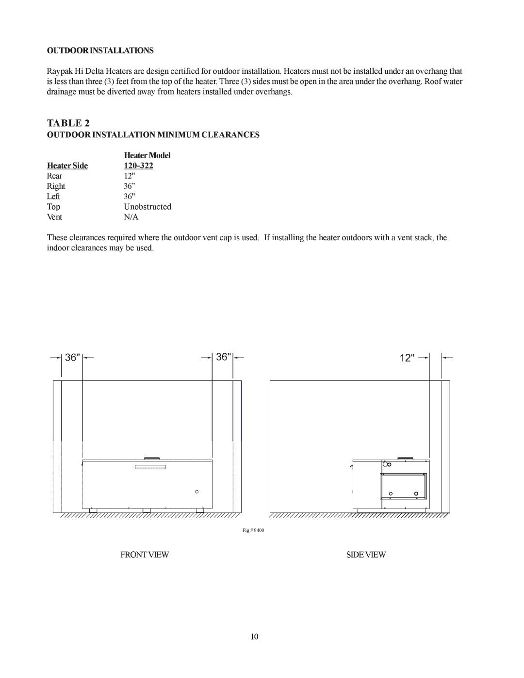 Raypak 122-322 Outdoorinstallations, Outdoor Installation Minimum Clearances, Heater Model, Heater Side 120-322 