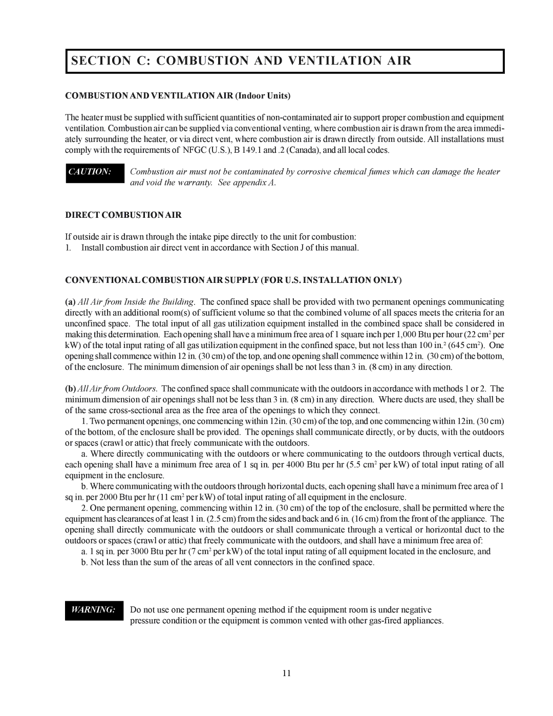 Raypak 122-322 Section C Combustion and Ventilation AIR, Combustion and Ventilation AIR Indoor Units 