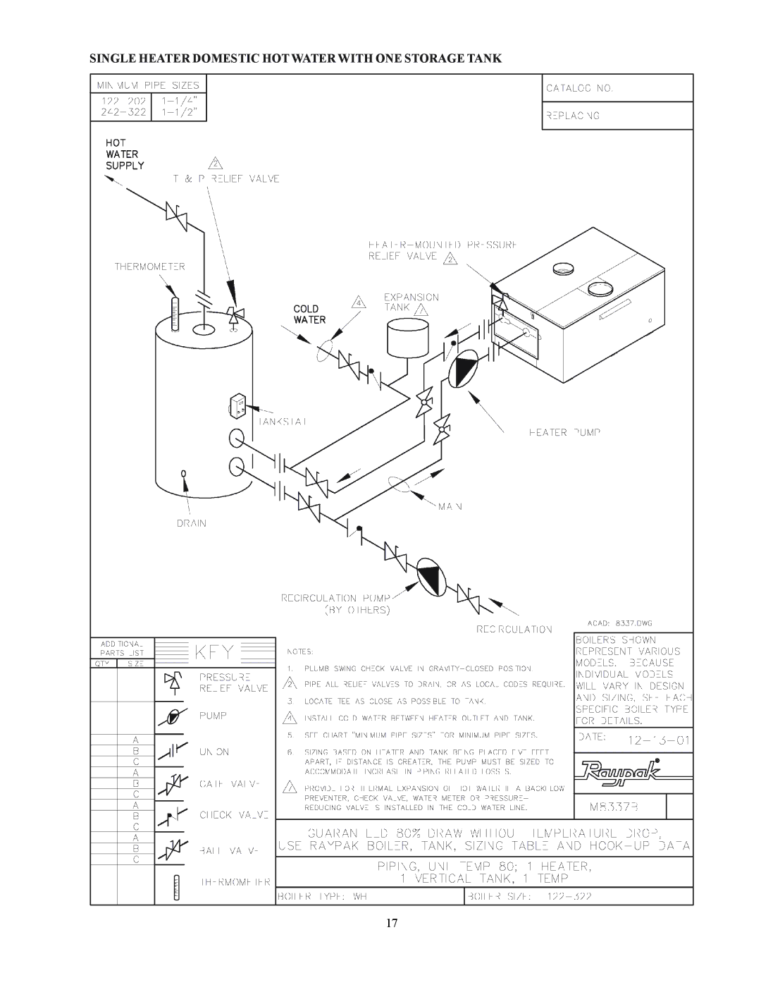 Raypak 122-322 installation instructions Single Heater Domestic HOT Water with ONE Storage Tank 