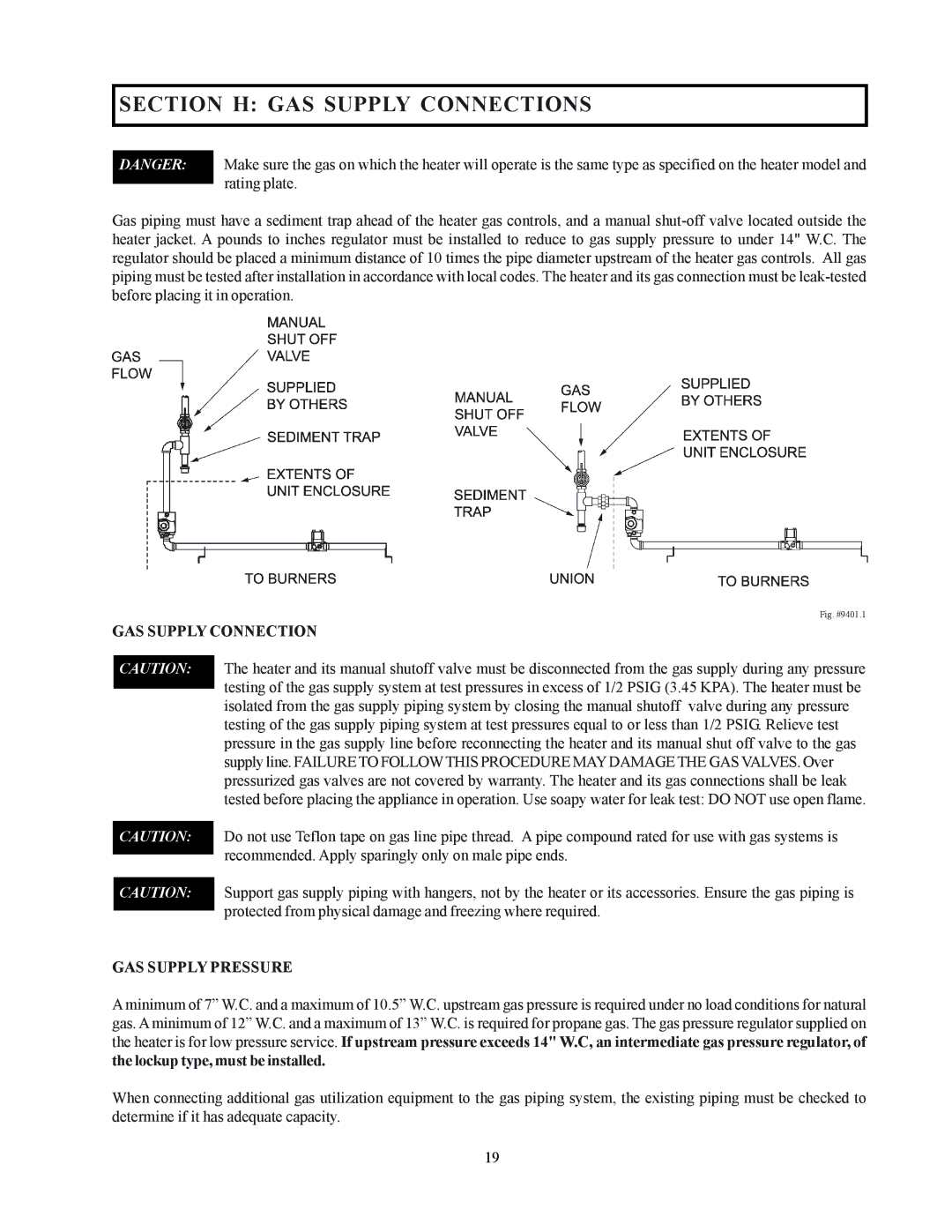 Raypak 122-322 installation instructions Section H GAS Supply Connections, GAS Supply Pressure 