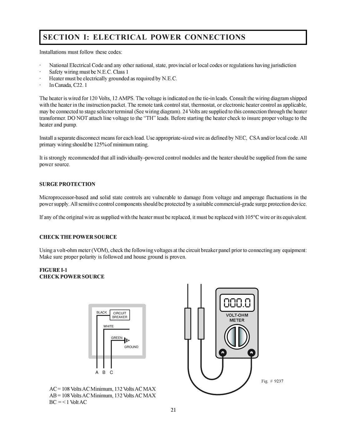 Raypak 122-322 Section I Electrical Power Connections, Surge Protection, Check the Power Source, Check Power Source 