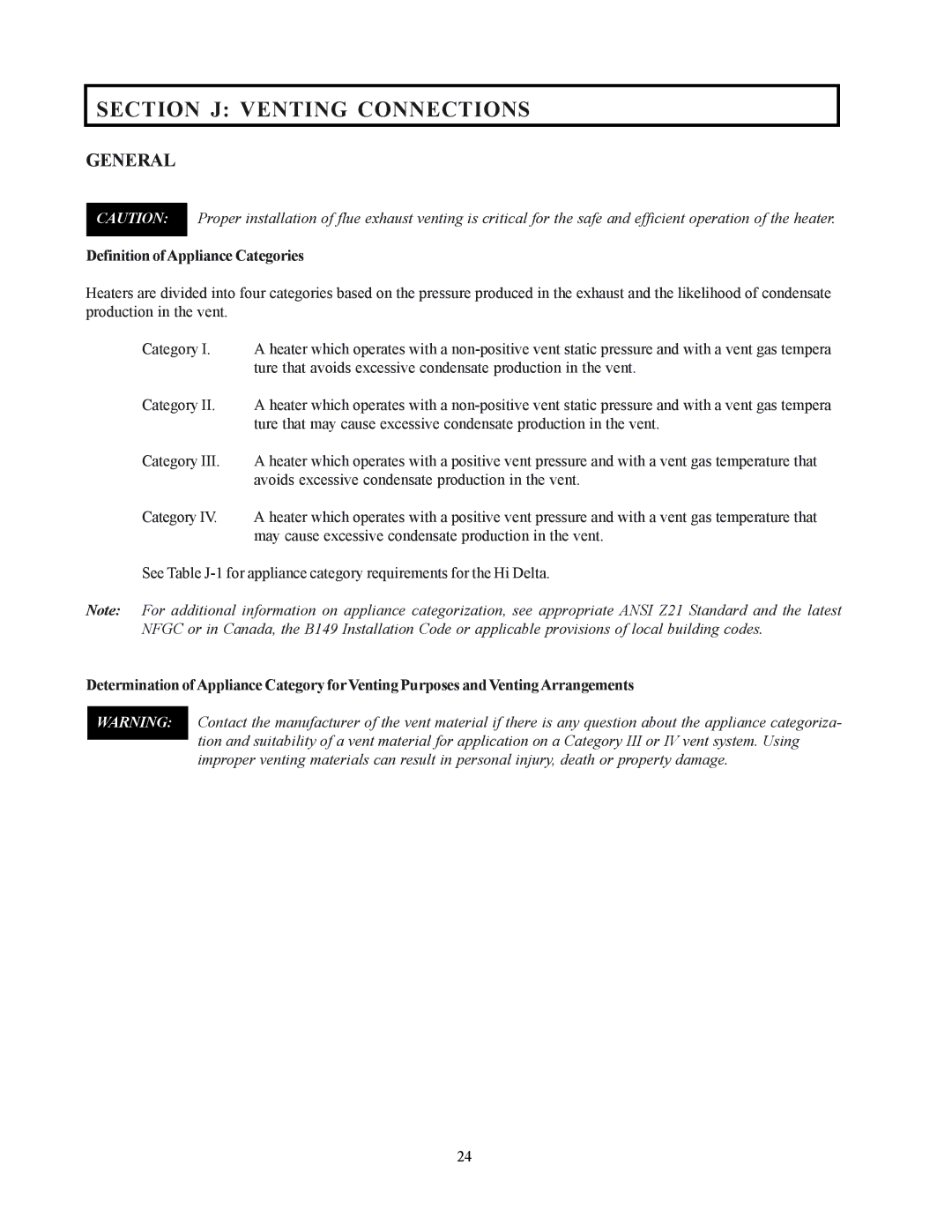 Raypak 122-322 installation instructions Section J Venting Connections, Definition ofAppliance Categories 