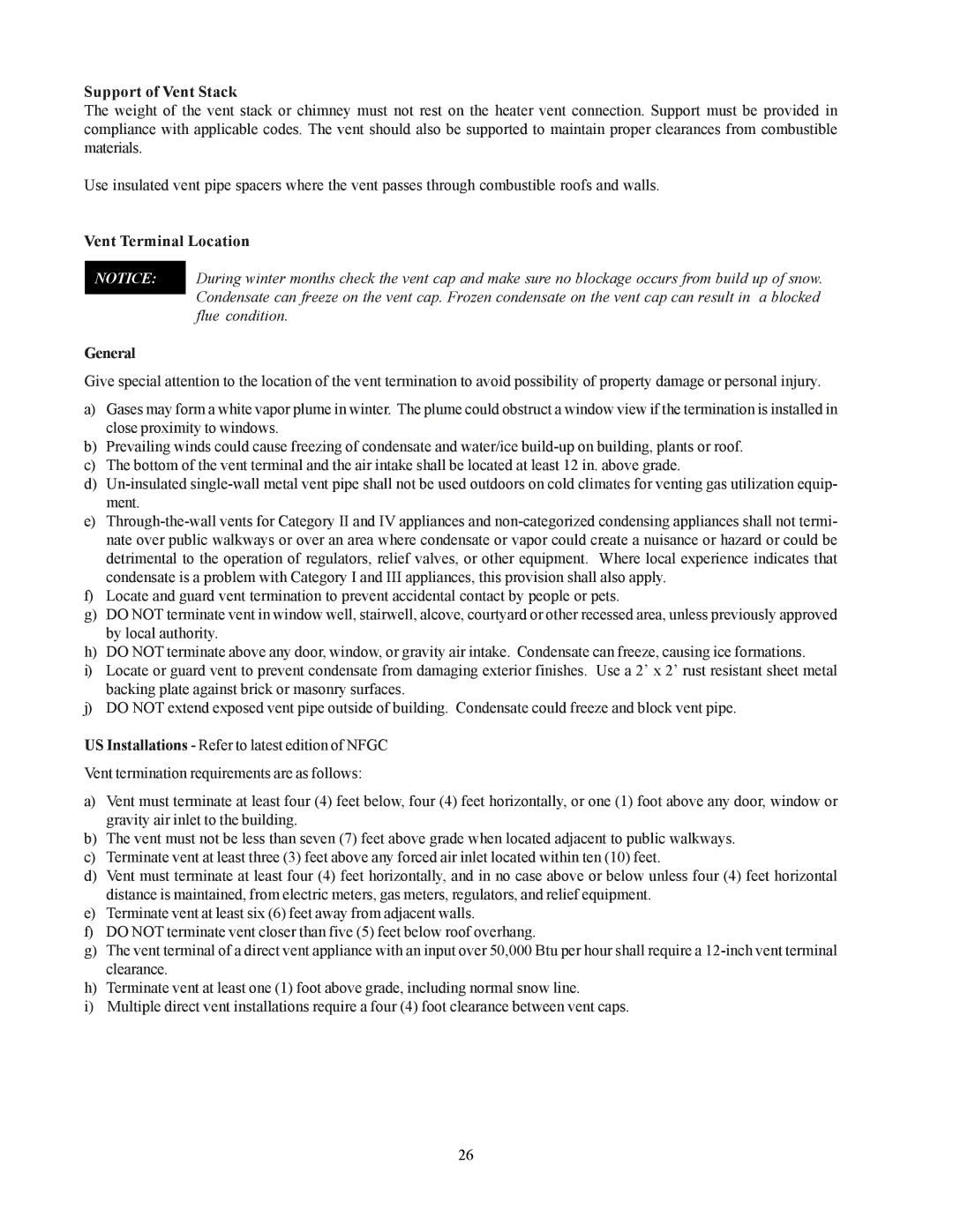 Raypak 122-322 installation instructions Support of Vent Stack, Vent Terminal Location General 