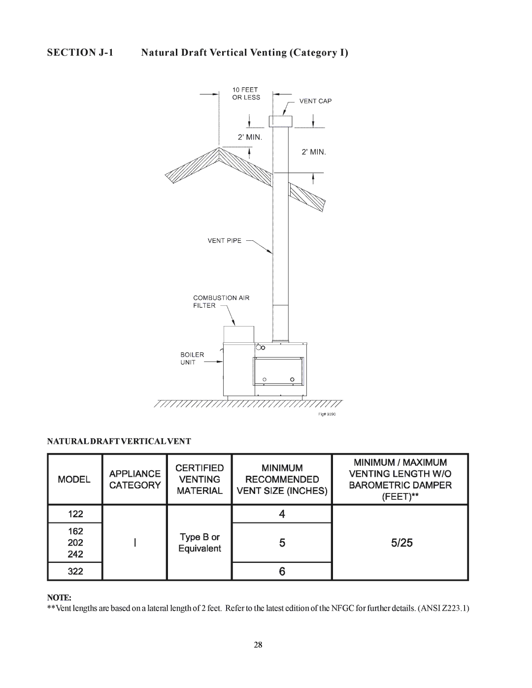 Raypak 122-322 installation instructions Section J-1 Natural Draft Vertical Venting Category, Natural Draft Verticalvent 