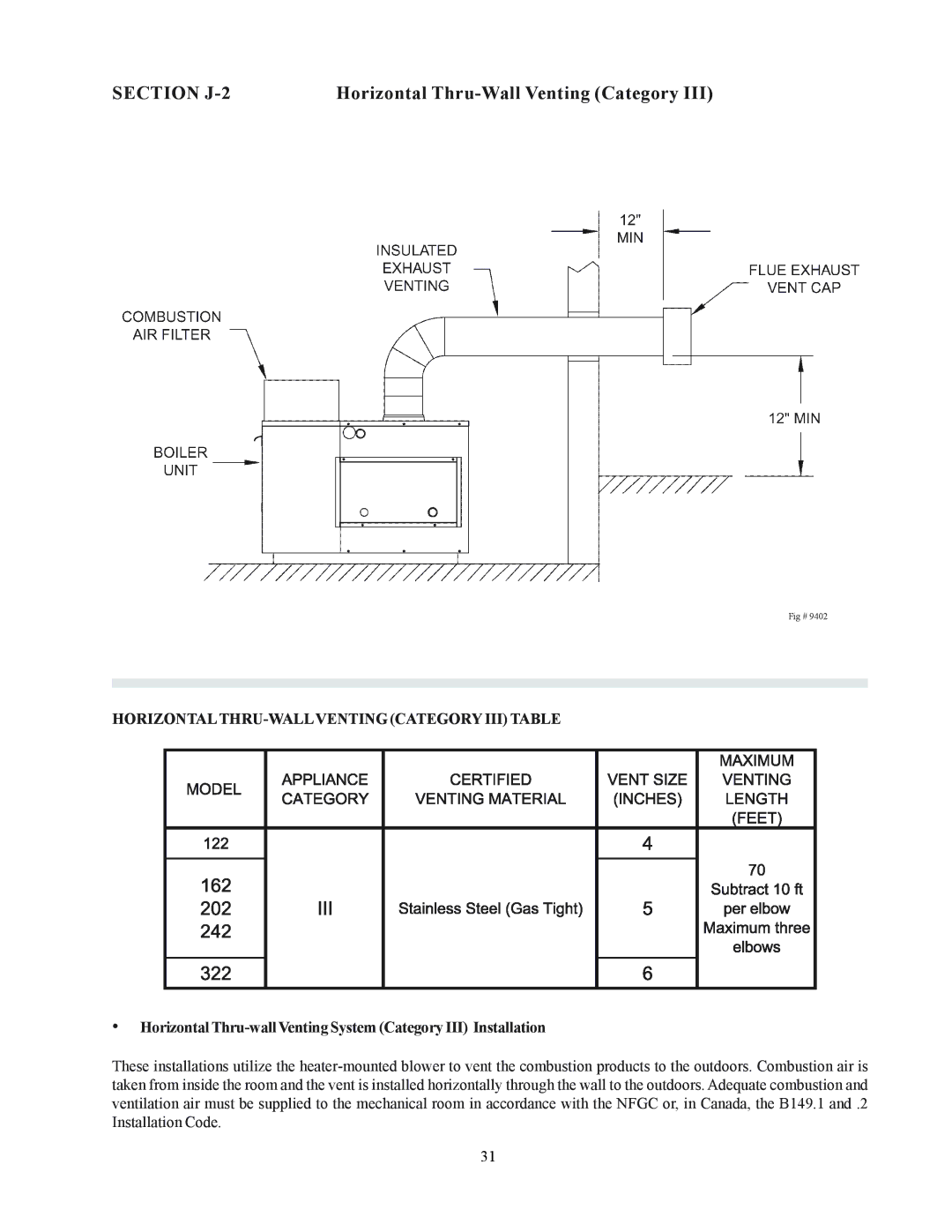 Raypak 122-322 installation instructions Section J-2, HORIZONTALTHRU-WALLVENTING Category III Table 