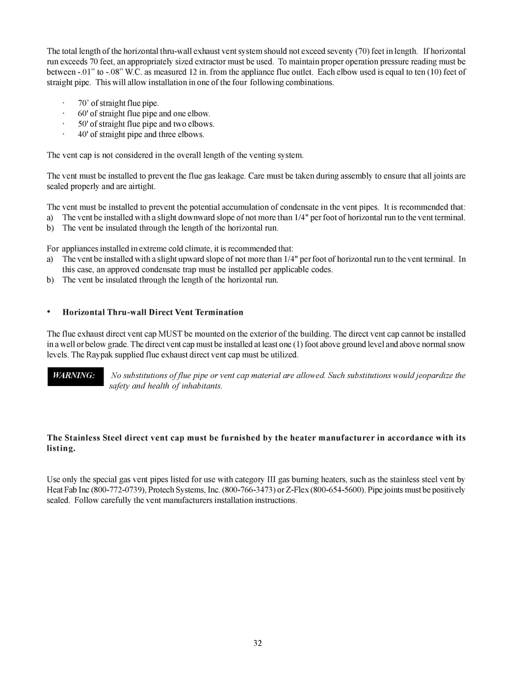 Raypak 122-322 installation instructions Horizontal Thru-wall Direct Vent Termination 