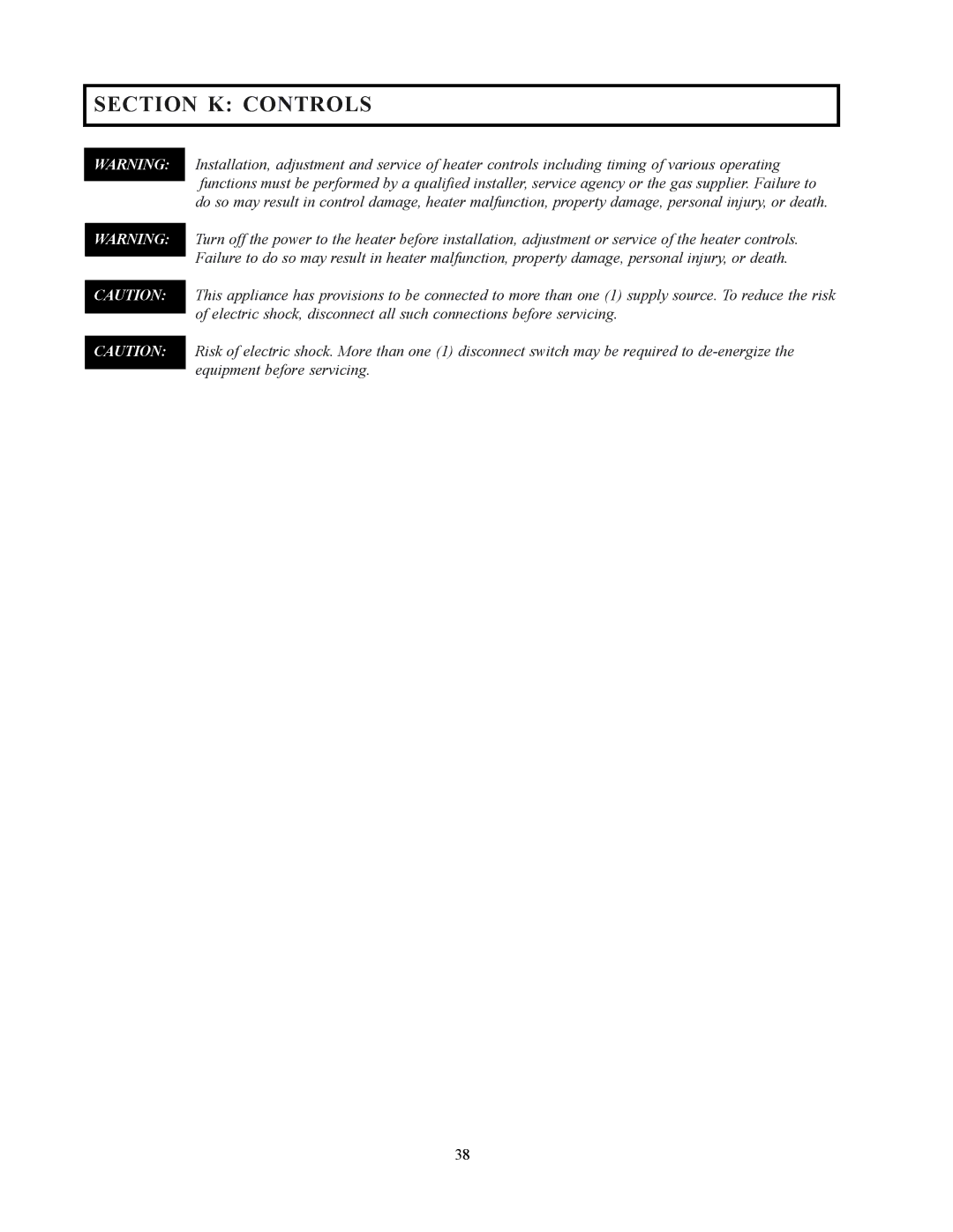 Raypak 122-322 installation instructions Section K Controls 