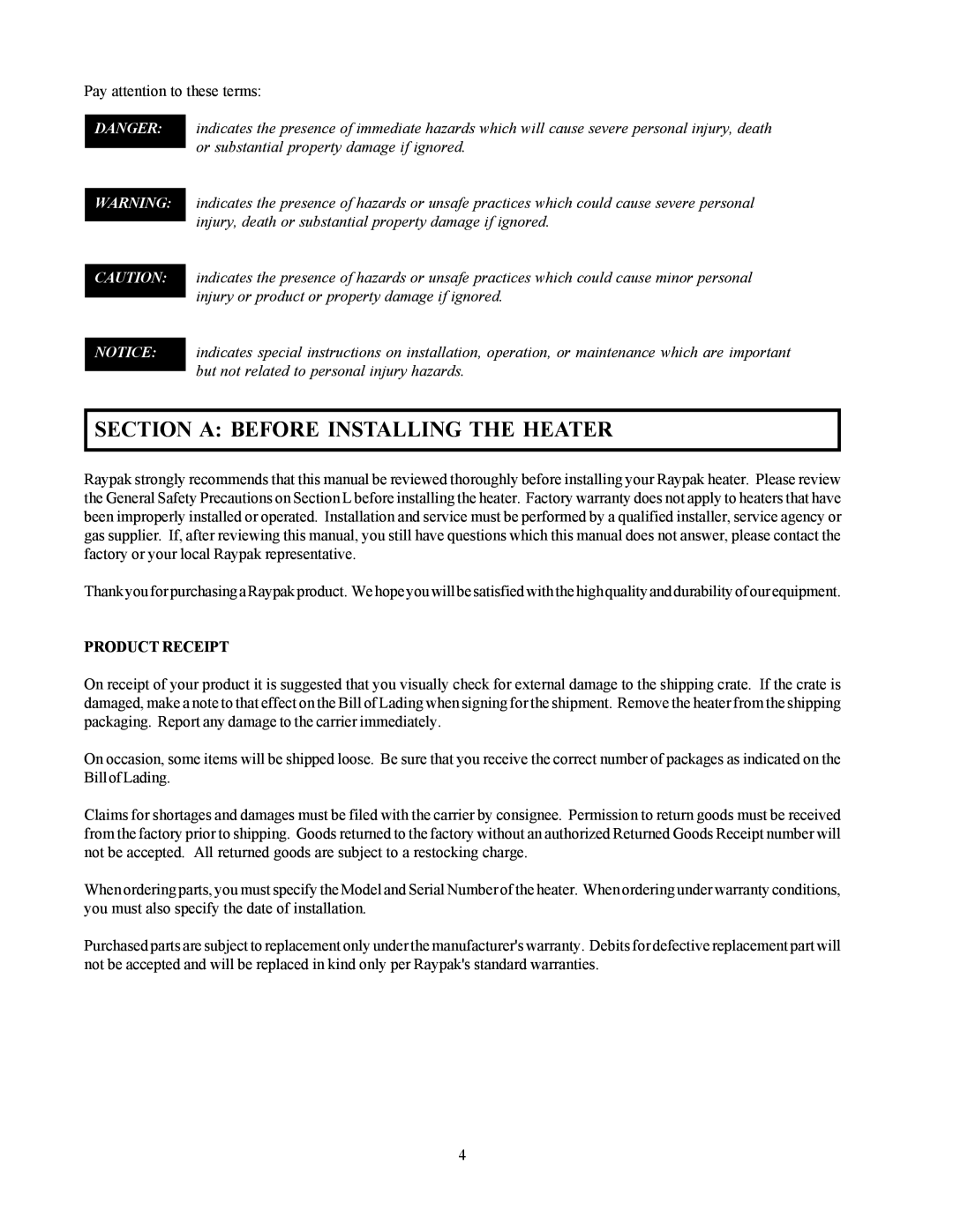 Raypak 122-322 installation instructions Section a Before Installing the Heater, Product Receipt 