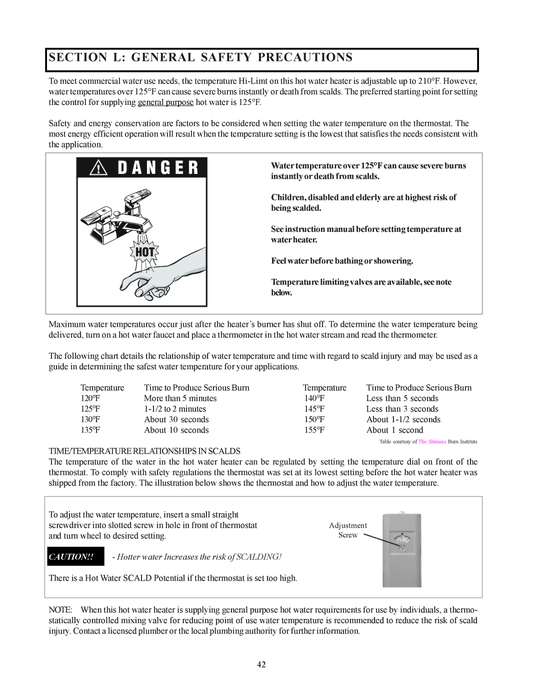 Raypak 122-322 installation instructions Section L General Safety Precautions, TIME/TEMPERATURE Relationships in Scalds 