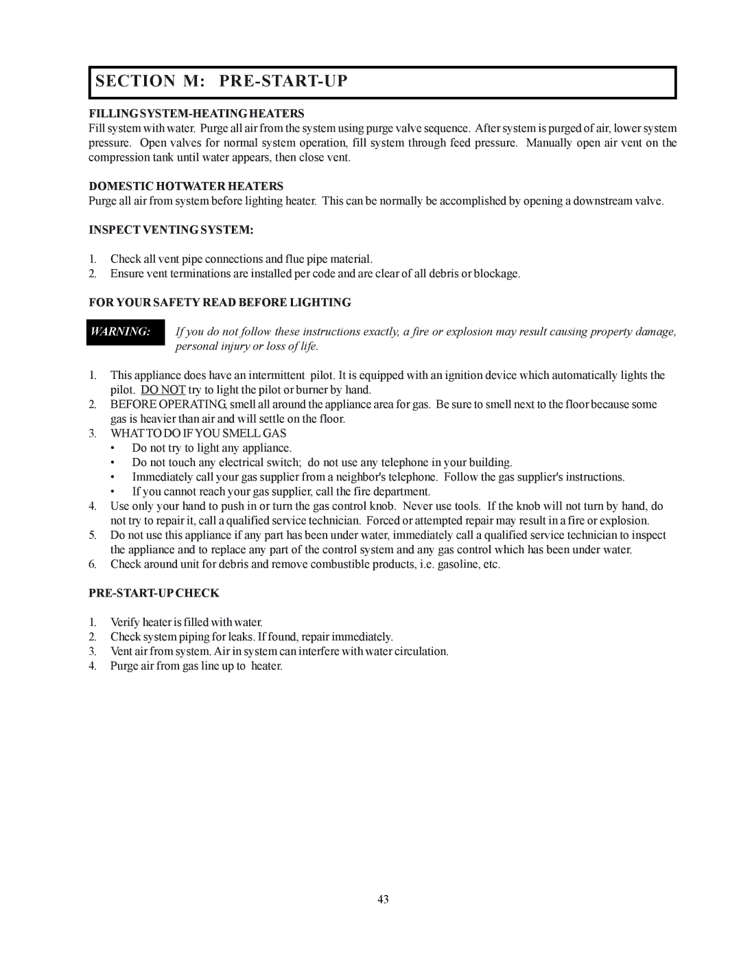 Raypak 122-322 installation instructions Section M PRE-START-UP 