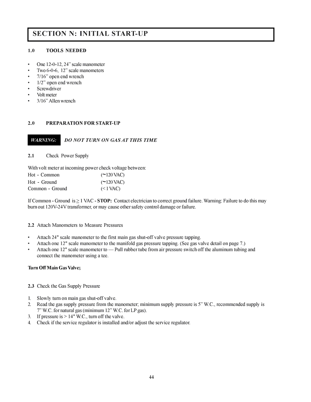 Raypak 122-322 Section N Initial START-UP, Tools Needed, Preparation for START-UP, Turn Off Main Gas Valve 