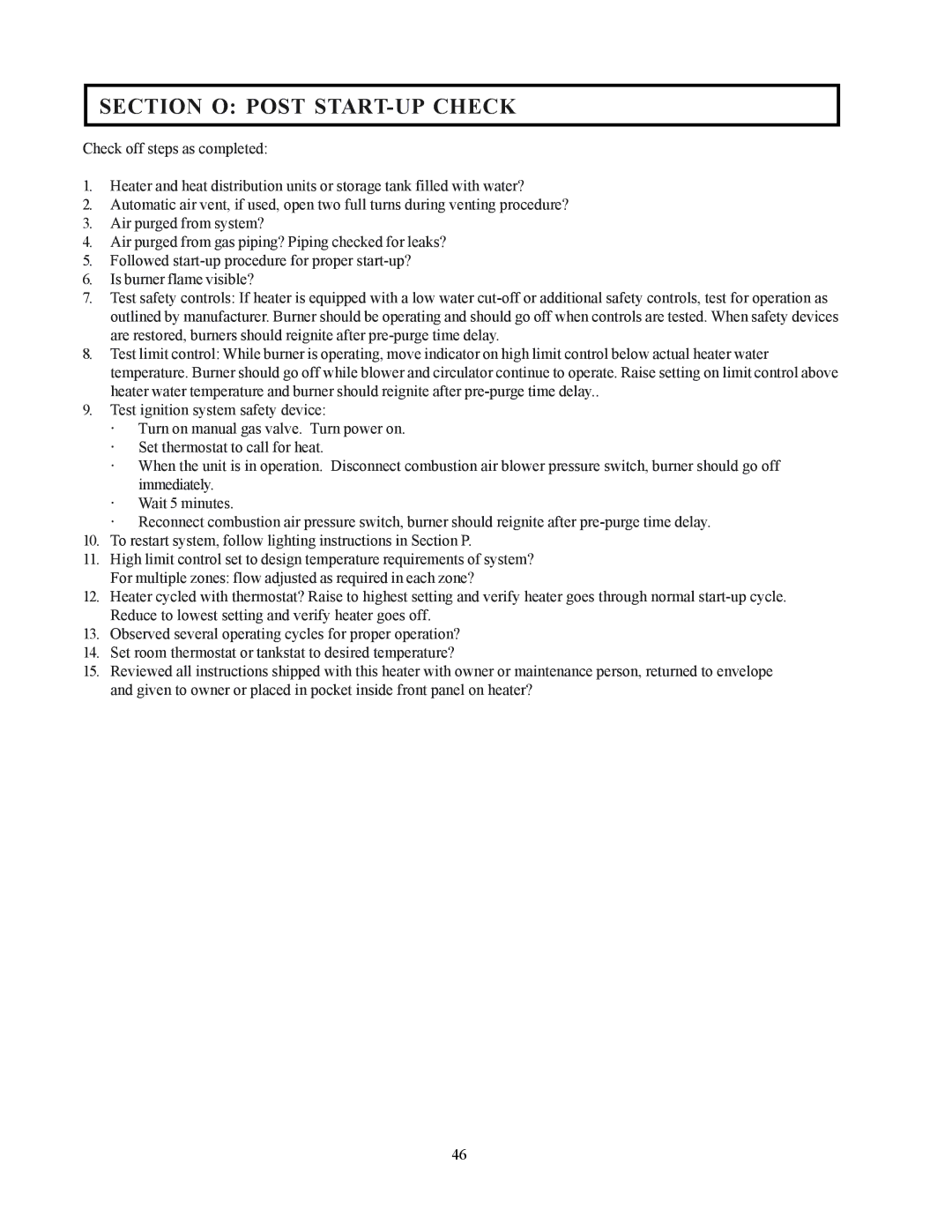 Raypak 122-322 installation instructions Section O Post START-UP Check 