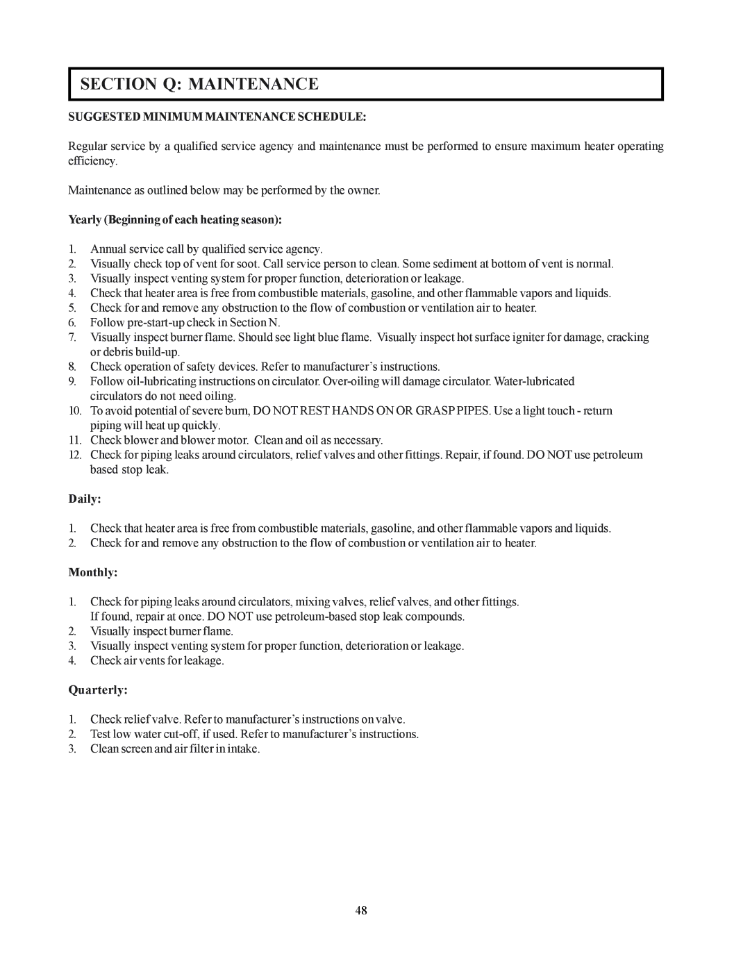 Raypak 122-322 installation instructions Section Q Maintenance, Suggested Minimum Maintenance Schedule 