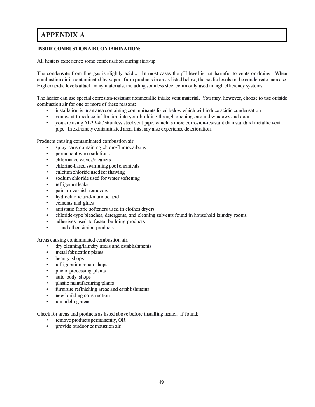 Raypak 122-322 installation instructions Appendix a, Insidecombustionaircontamination 