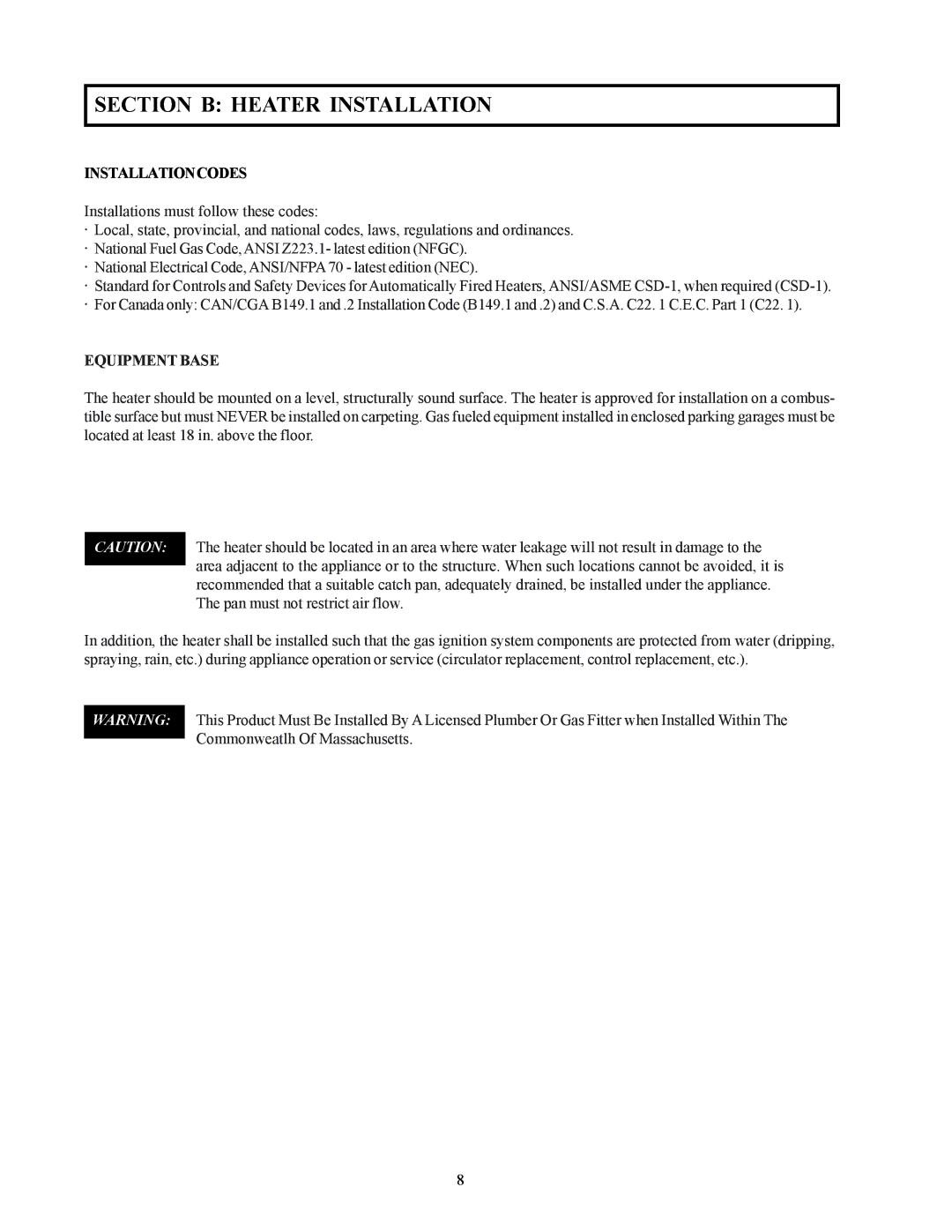 Raypak 122-322 installation instructions Section B Heater Installation, Installationcodes, Equipment Base 