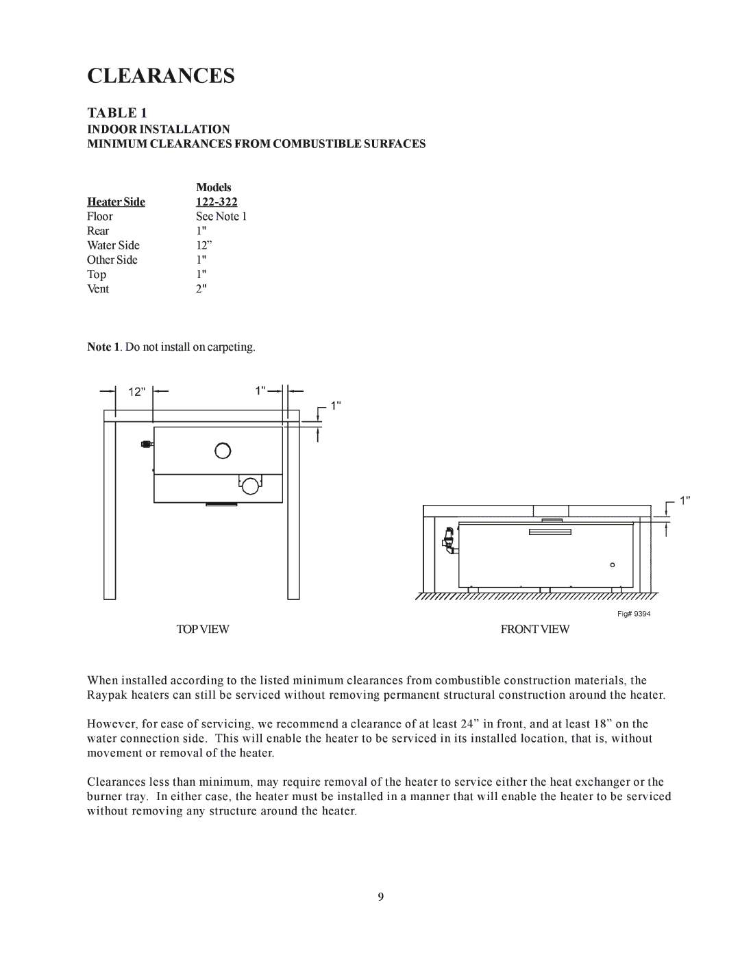 Raypak installation instructions Models, Heater Side 122-322 