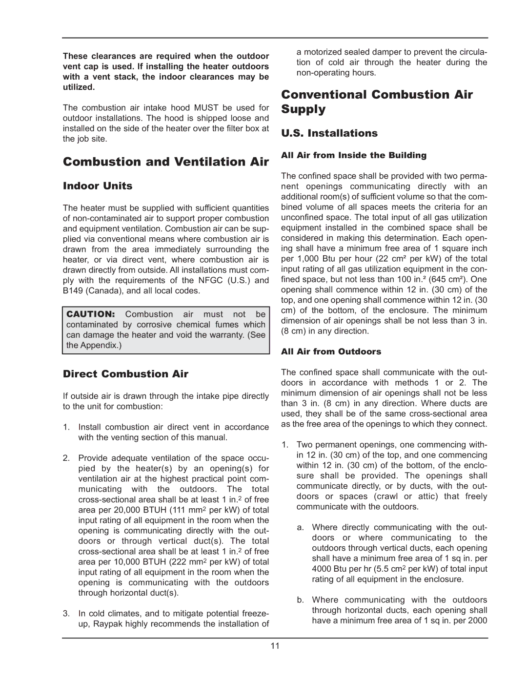 Raypak 122-322 Combustion and Ventilation Air, Conventional Combustion Air Supply, Indoor Units, Direct Combustion Air 