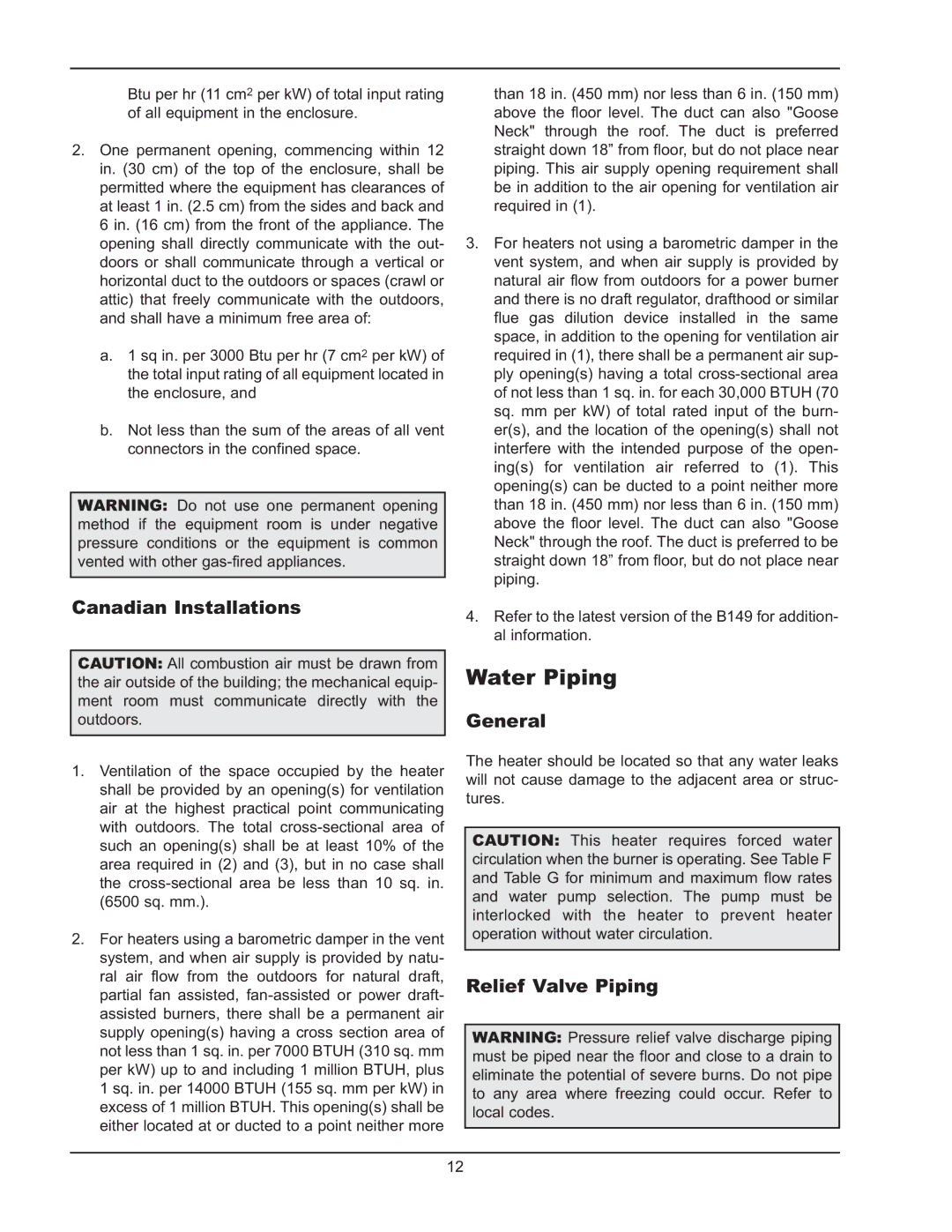 Raypak 122-322 manual Water Piping, Canadian Installations, General, Relief Valve Piping 