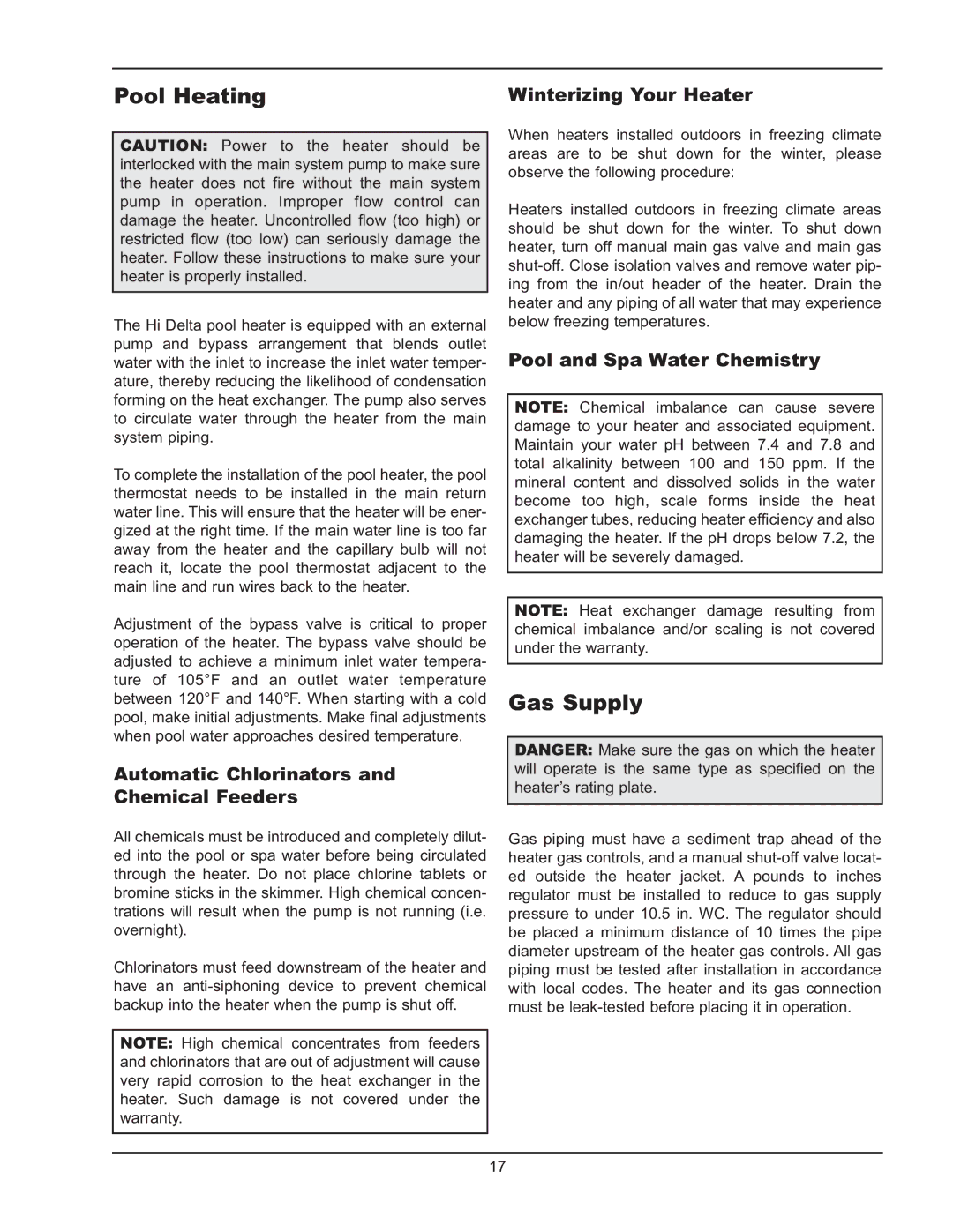 Raypak 122-322 manual Pool Heating, Gas Supply, Automatic Chlorinators and Chemical Feeders, Winterizing Your Heater 