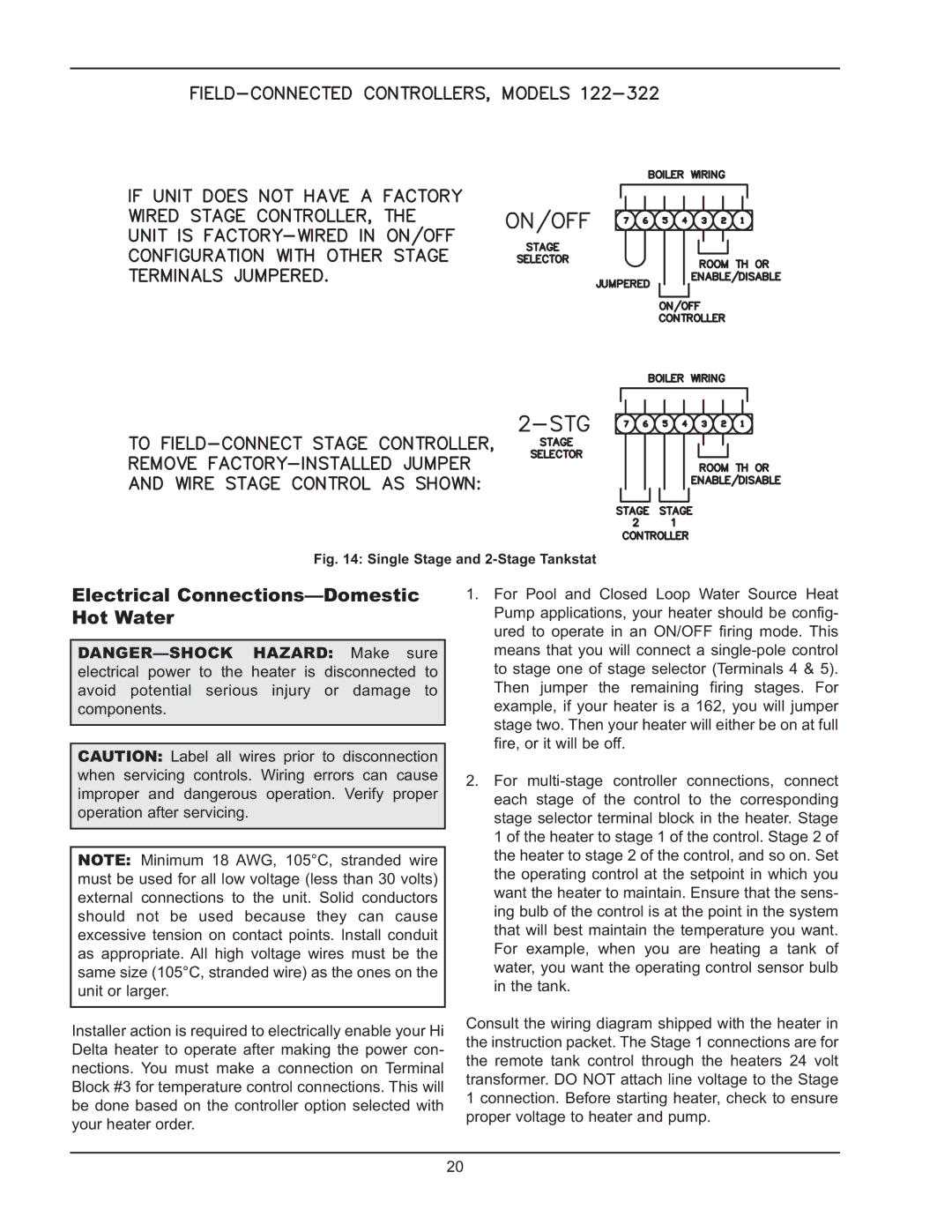 Raypak 122-322 manual Electrical Connections-Domestic Hot Water, Single Stage and 2-Stage Tankstat 