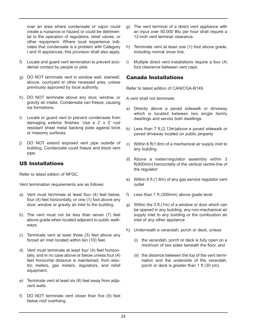 Raypak 122-322 manual US Installations, Canada Installations 