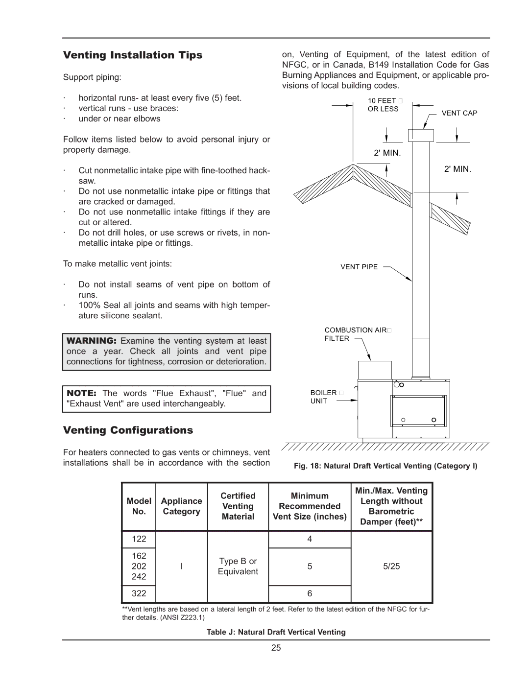 Raypak 122-322 manual Venting Installation Tips, Venting Configurations 