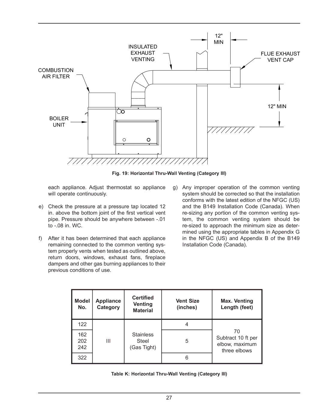 Raypak 122-322 manual Model Appliance Certified Vent Size Max. Venting, Category Inches Length feet 