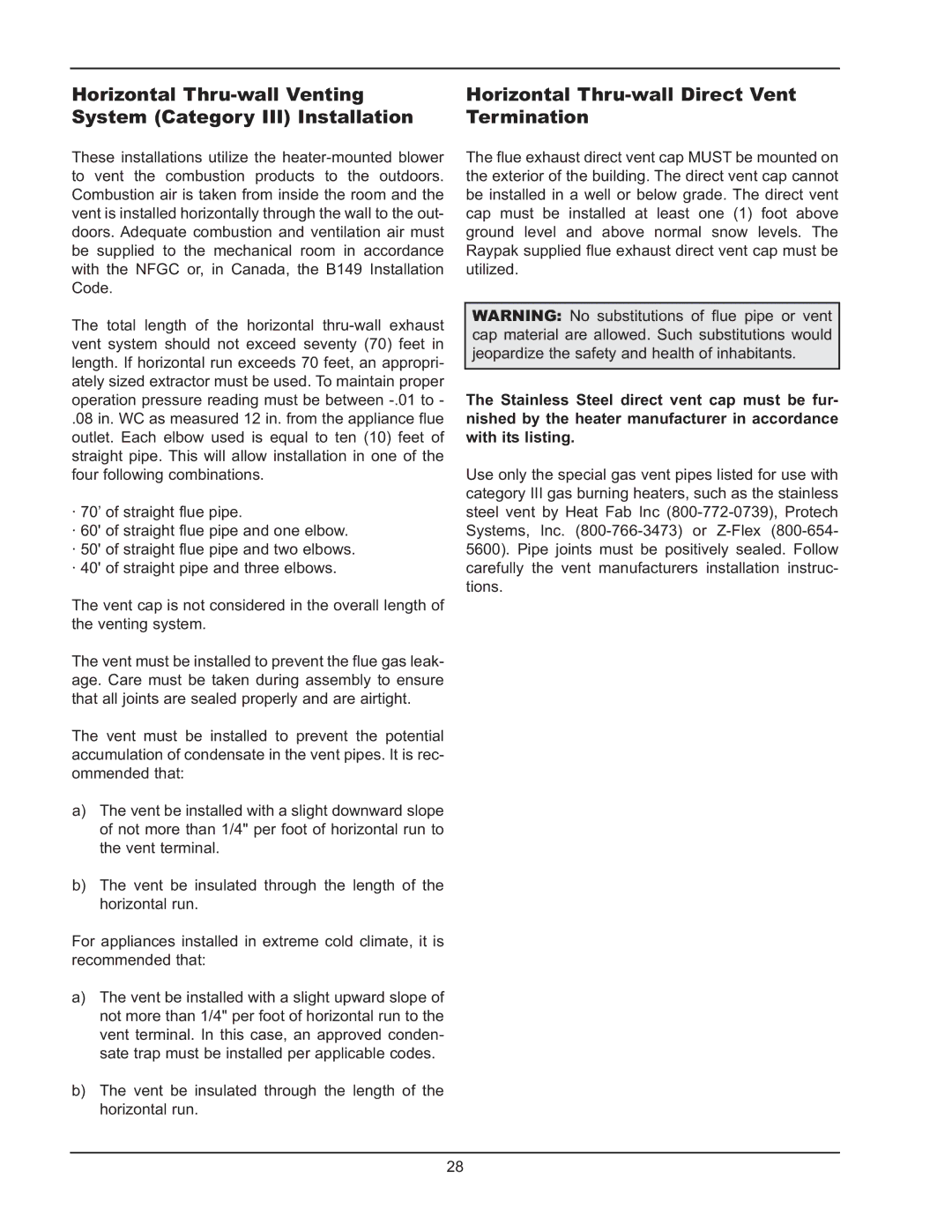 Raypak 122-322 manual Horizontal Thru-wall Direct Vent Termination 