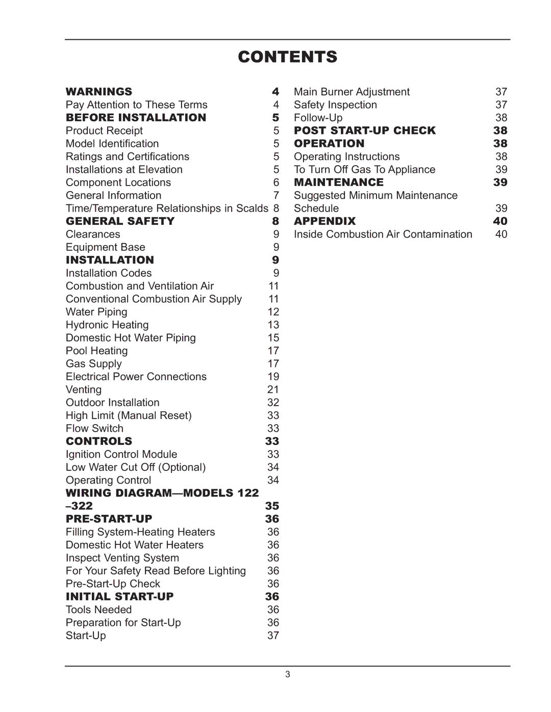 Raypak 122-322 manual Contents 