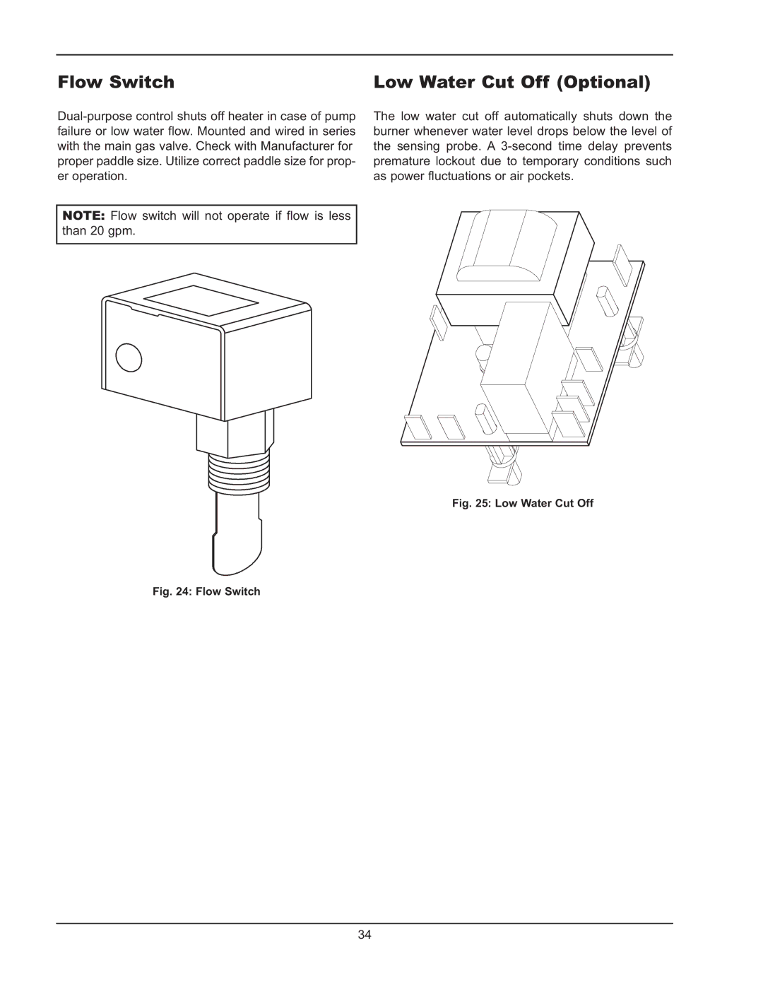 Raypak 122-322 manual Flow Switch, Low Water Cut Off Optional 