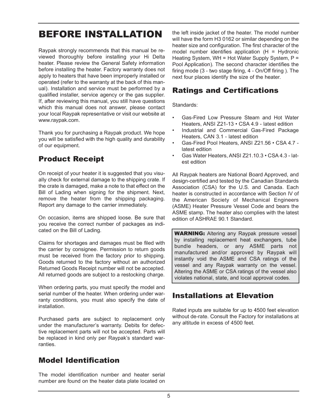 Raypak 122-322 manual Before Installation, Product Receipt, Model Identification, Ratings and Certifications 