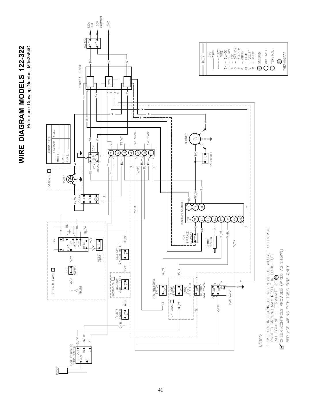 Raypak 122-322 installation instructions Wire Diagram Models, Reference Drawing Number M152564C 