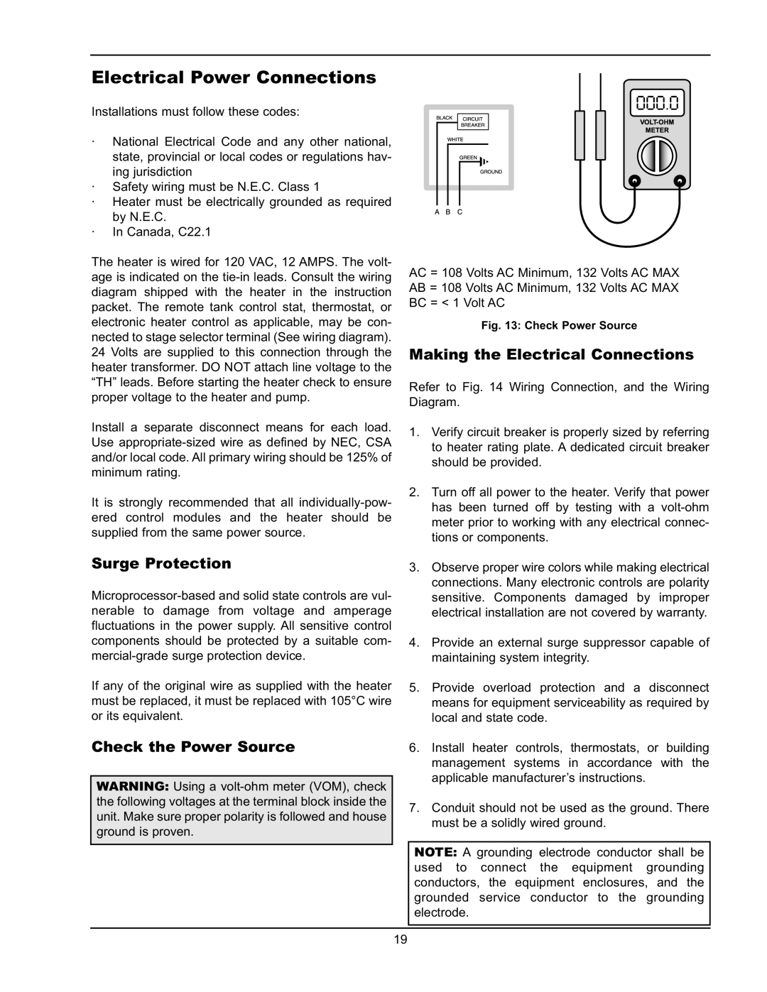 Raypak 122-322 Electrical Power Connections, Surge Protection, Check the Power Source, Making the Electrical Connections 