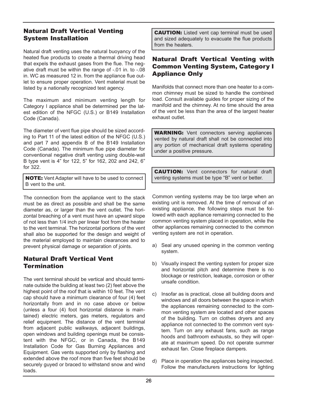Raypak 122-322 manual Natural Draft Vertical Vent Termination 