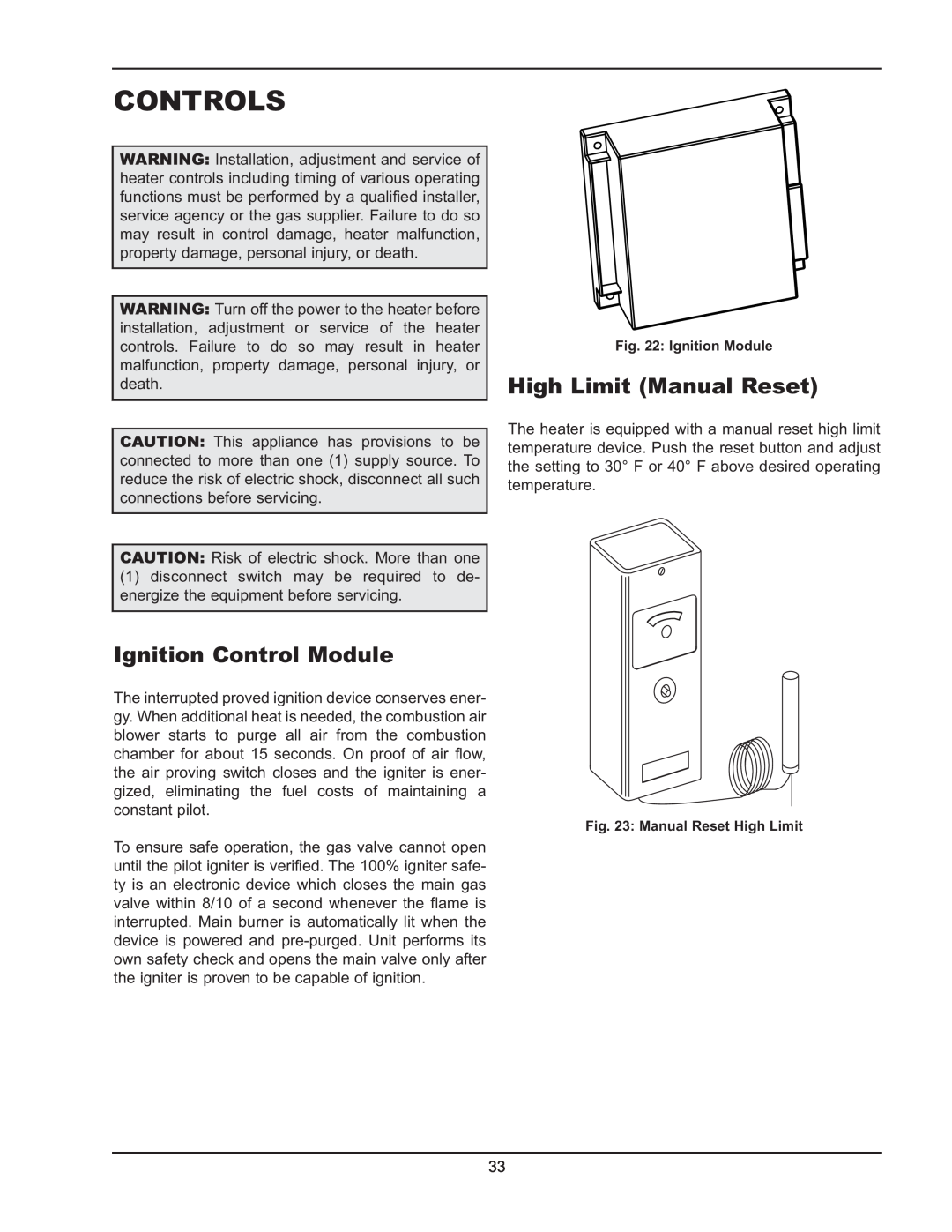Raypak 122-322 manual Controls, High Limit Manual Reset, Ignition Control Module 