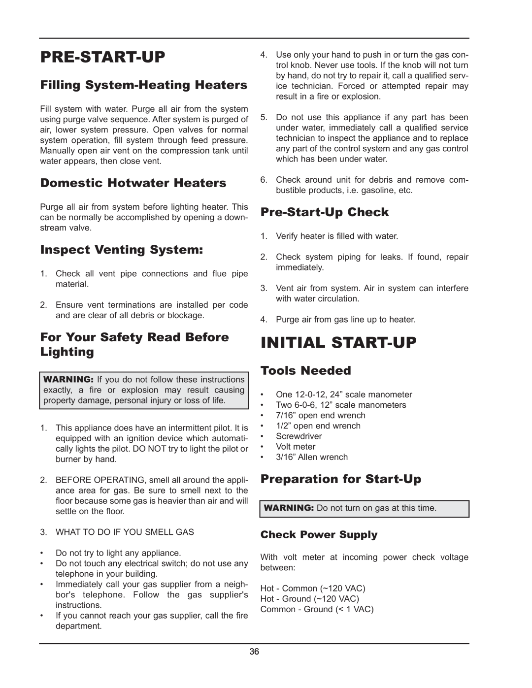 Raypak 122-322 manual Initial Start-Up, Filling System-HeatingHeaters, Domestic Hotwater Heaters, Pre-Start-UpCheck 