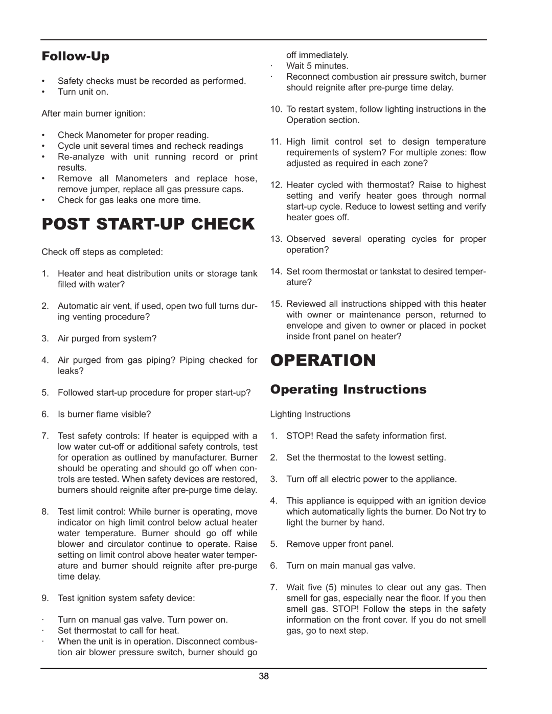 Raypak 122-322 manual Post Start-Upcheck, Operation, Follow-Up, Operating Instructions 