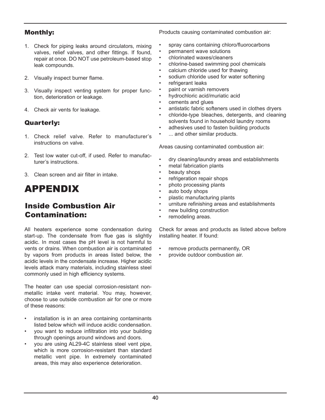 Raypak 122-322 manual Appendix, Inside Combustion Air Contamination, Monthly, Quarterly 