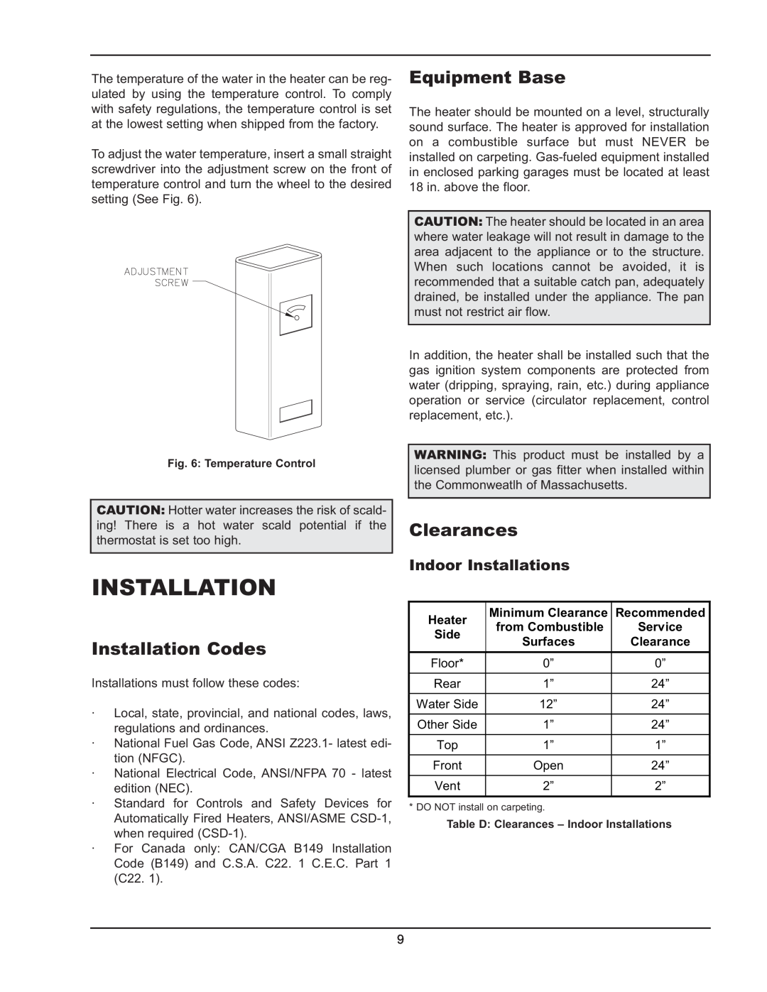 Raypak 122-322 manual Installation Codes, Equipment Base, Clearances, Indoor Installations 