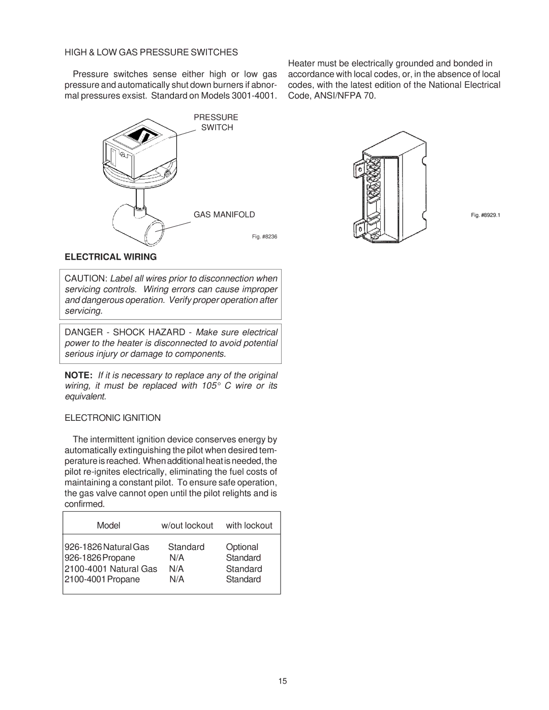 Raypak 1287-1758, 2100-4001 manual High & LOW GAS Pressure Switches, Electrical Wiring, Electronic Ignition 