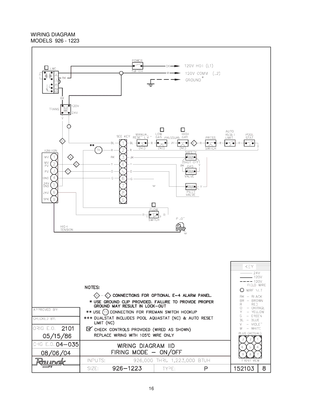 Raypak P-926, P-1826, P-2100, P-4001, 1287-1758, 2100-4001, P926, P1826, P2100, P4001 manual Wiring Diagram Models 926 