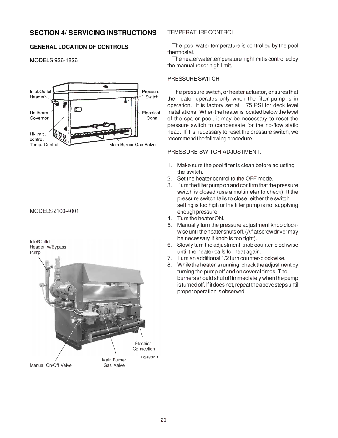 Raypak P926, P1826, P2100, P4001, 1287-1758, 2100-4001 manual Temperaturecontrol, Pressure Switch Adjustment 