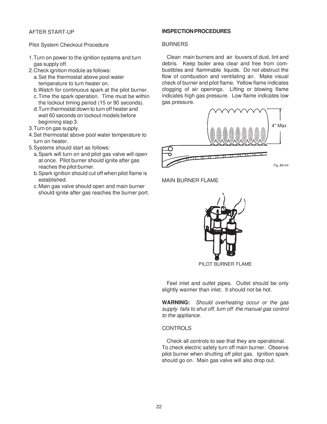 Raypak P-926, P-1826, P-2100, P-4001 manual After START-UP, Inspectionprocedures, Main Burner Flame, Controls 