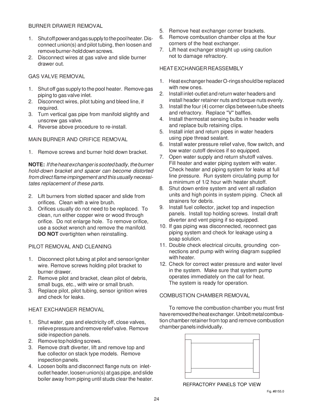 Raypak 1287-1758, 2100-4001 manual Burner Drawer Removal, GAS Valve Removal, Main Burner and Orifice Removal 